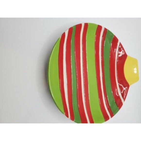 Set Of 2 Tag Ceramic Festive Holiday Plates In Ornament Shape Red Yellow Green - Picture 6 of 8